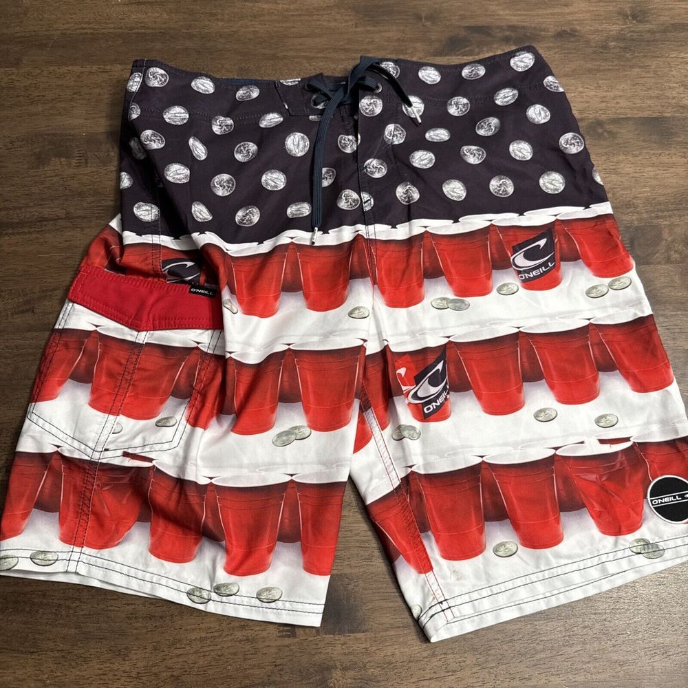 O'Neill Mens Red‎ Solo Cup Board Shorts Size 33 Quarters Beer Pong Swim Trunks
